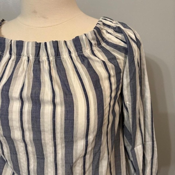 NWT Wrapper Navy Blue White Striped Off-Shoulder Dress Blouse (Women's Small) - Picture 2 of 7